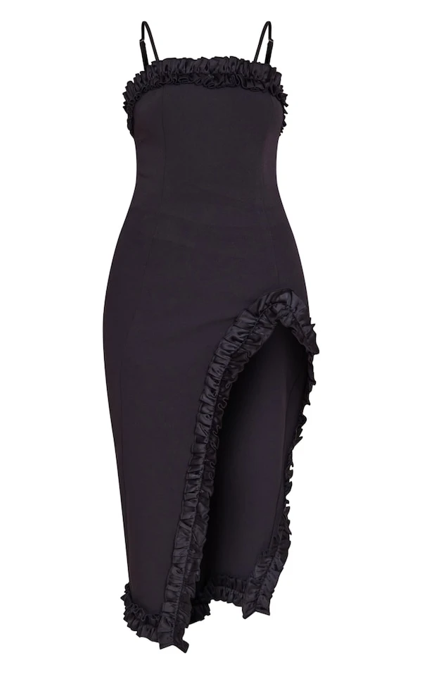 Robe Mi-longue Fendue Noire à Ourlet Volanté 5 Robe Mi-longue Fendue Noire à Ourlet Volanté – Image 5