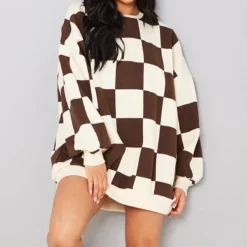 Robe Pull Oversize En Sweat Crème Imprimé Damier