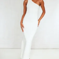 Robe Longue Côtelée Texturée Crème à Bretelles Asymétriques