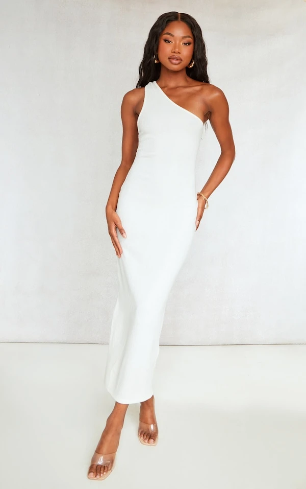 Robe Longue Côtelée Texturée Crème à Bretelles Asymétriques 1 Robe Longue Côtelée Texturée Crème à Bretelles Asymétriques