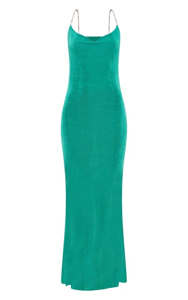 Robe Longue Moulante En Acétate Verte à Dos Bénitier Et Bretelles à Strass 5 Robe Longue Moulante En Acétate Verte à Dos Bénitier Et Bretelles à Strass – Image 5