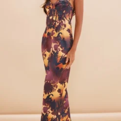 Robe Longue Satinée Froncée Marron Dégradé Imprimé Fleuri à Corset Et Dos Nu -Jupe Lumine Soldes Boutique a93acbe4bd352519902b874f68887d265ad14fd0 cnc9985 3