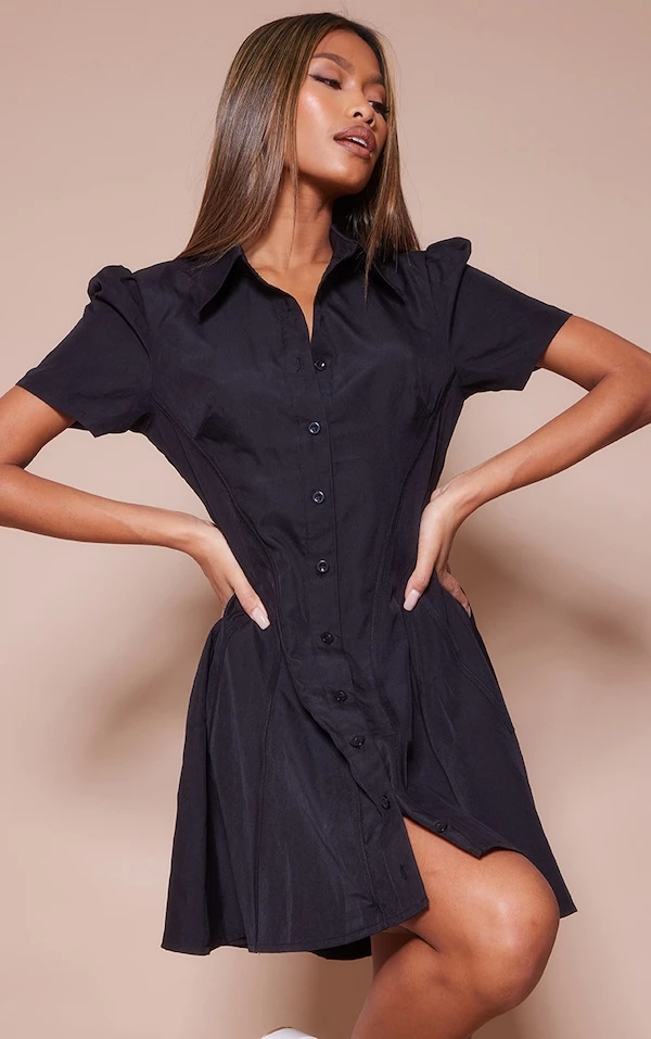 Robe Chemise Noire à Manches Courtes Et Coutures 1 Robe Chemise Noire à Manches Courtes Et Coutures