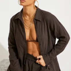 Diamond Robe Chemise De Plage Oversize Crêpée Douce Chocolat