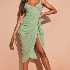 Robe Mi-longue Drapée Vert Sauge Imprimé Pois à Armatures