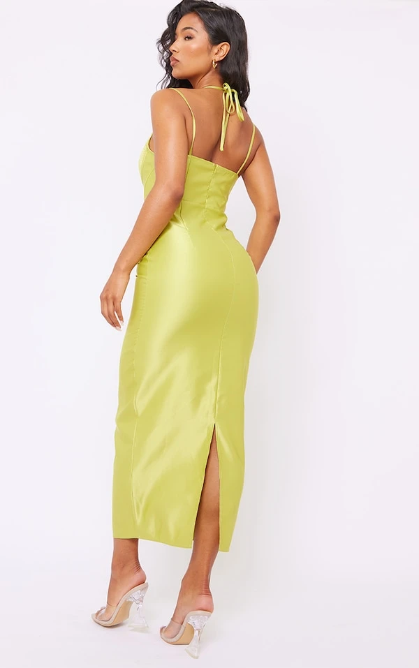 Robe Mi-longue Satinée Vert Citron à Corset Et Dentelle 2 Robe Mi-longue Satinée Vert Citron à Corset Et Dentelle – Image 2