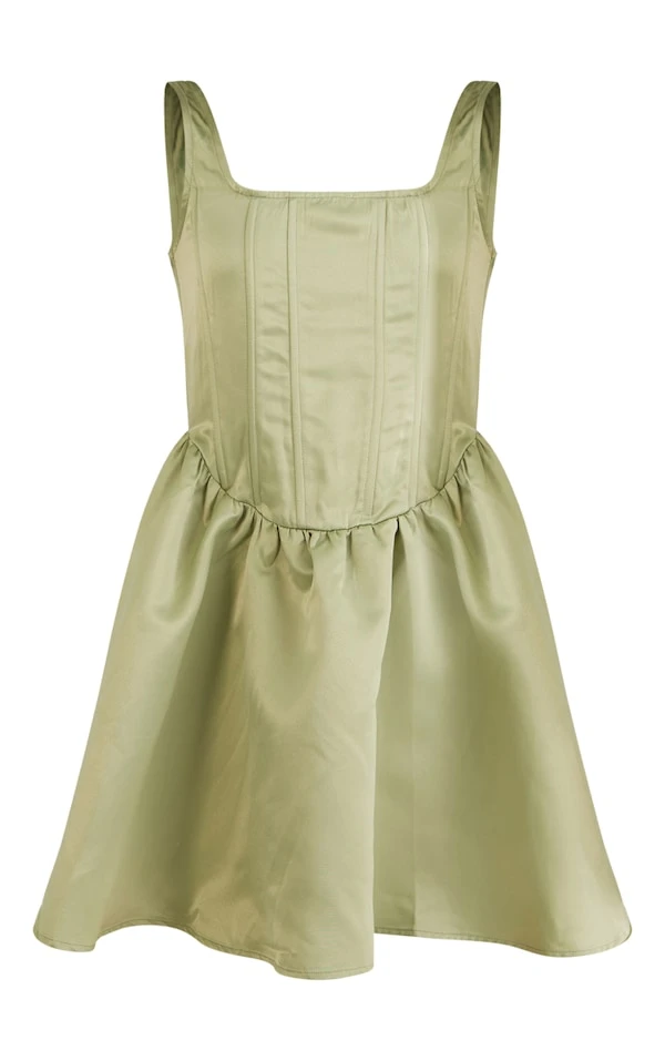 Robe Patineuse Satinée Vert Sauge à Col Carré Et Détail Corset 5 Robe Patineuse Satinée Vert Sauge à Col Carré Et Détail Corset – Image 5