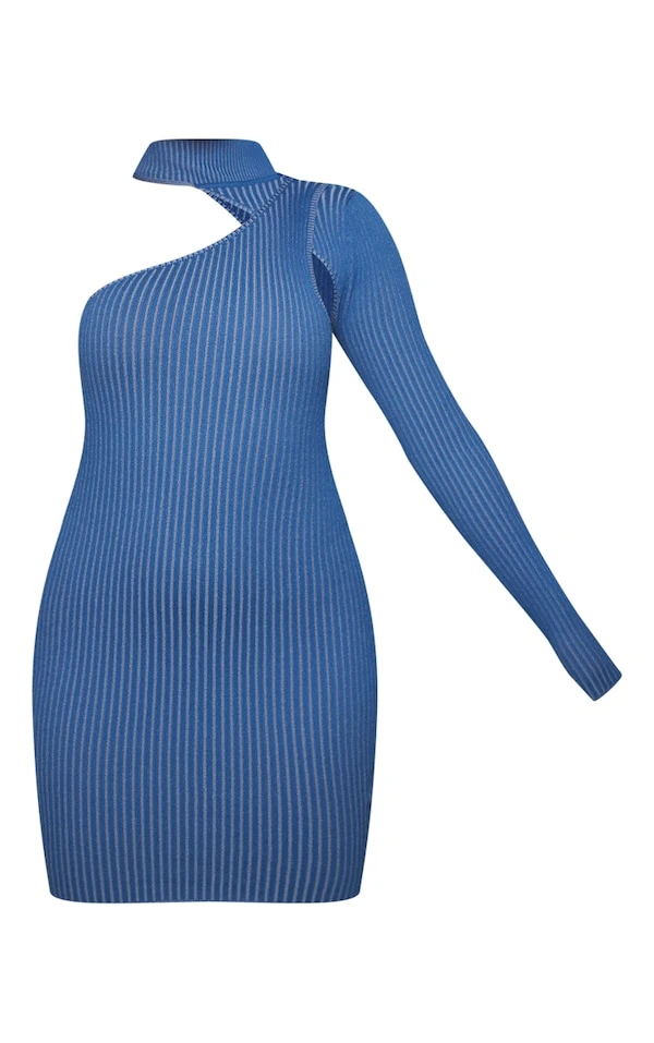 Robe Asymétrique En Maille Côtelée Bleue à Deux Tons 5 Robe Asymétrique En Maille Côtelée Bleue à Deux Tons – Image 5