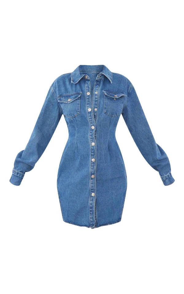 Robe Chemise Cintrée En Jean Moyennement Délavé à Manches Longues 5 Robe Chemise Cintrée En Jean Moyennement Délavé à Manches Longues – Image 5