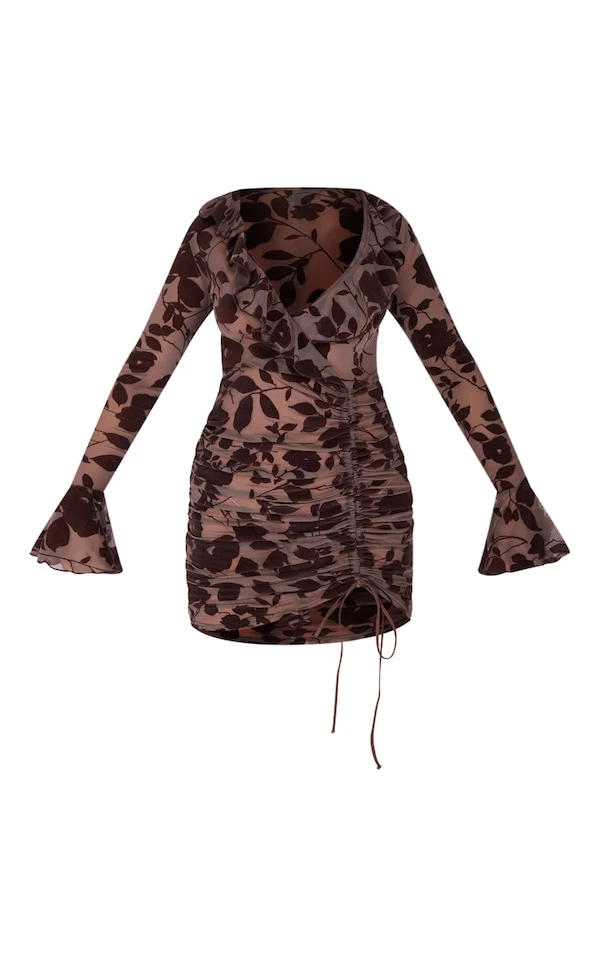 Robe Moulante Fleuri Floquée Chocolat à Fronces Et Volants 5 Robe Moulante Fleuri Floquée Chocolat à Fronces Et Volants – Image 5