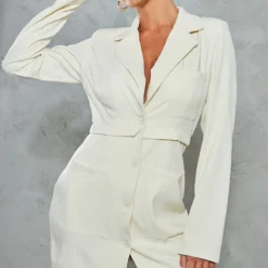 Robe Blazer Oversize Tissée Crème à Poches