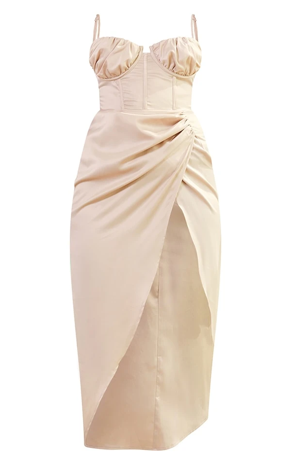 Robe Longue Satinée Champagne à Armatures Et Jupe Froncée 5 Robe Longue Satinée Champagne à Armatures Et Jupe Froncée – Image 5