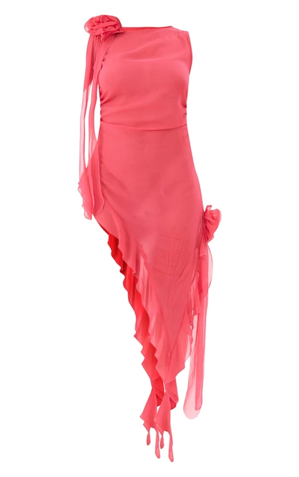 Robe Mi-longue En Mousseline De Soie Rose à Ourlet Volanté Et Détail Roses 5 Robe Mi-longue En Mousseline De Soie Rose à Ourlet Volanté Et Détail Roses – Image 5