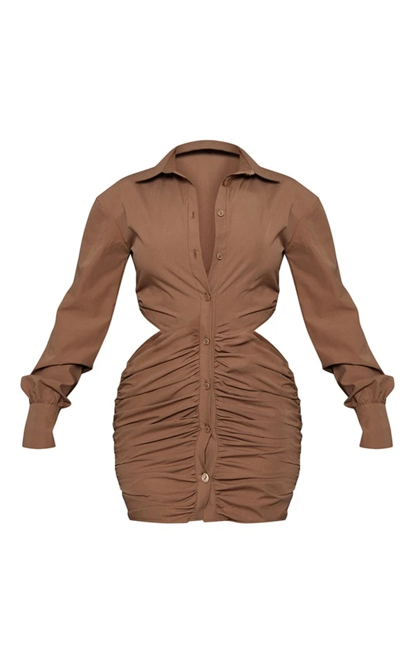 Robe Chemise Froncée Café Au Lait Rosé à Boutons Et Côtés Découpés 5 Robe Chemise Froncée Café Au Lait Rosé à Boutons Et Côtés Découpés – Image 5