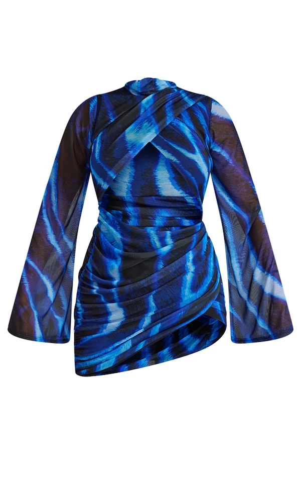 Robe Moulante à Imprimé Abstrait Bleu En Mesh à Découpes Et Manches Flare 5 Robe Moulante à Imprimé Abstrait Bleu En Mesh à Découpes Et Manches Flare – Image 5