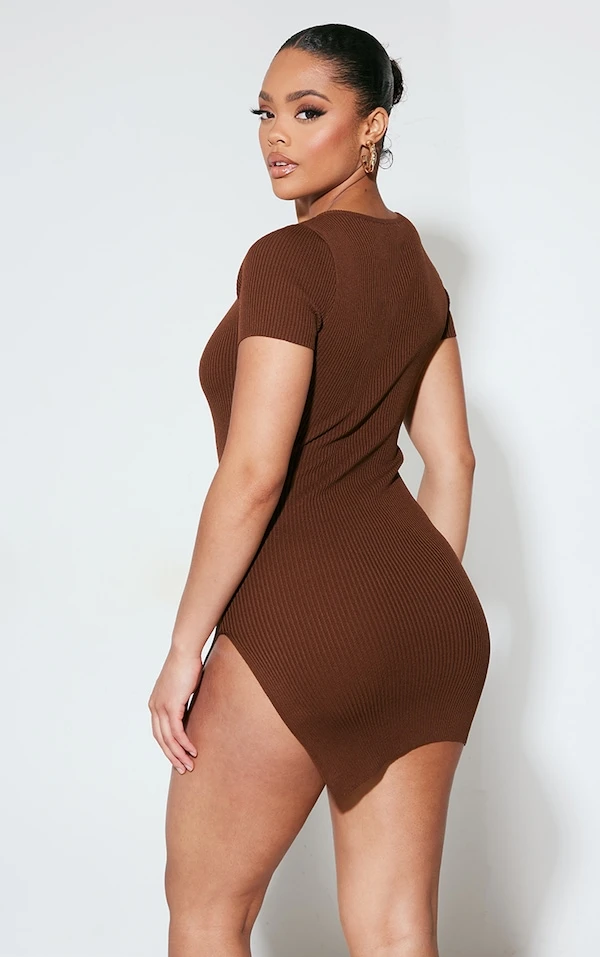 Robe Fendue Moulante En Maille Tricot Côtelée Chocolat 2 Robe Fendue Moulante En Maille Tricot Côtelée Chocolat – Image 2