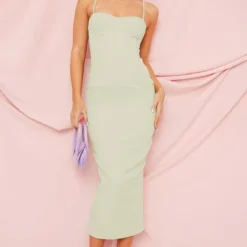 Robe Longue Tissée Vert Sauge à Détail Corset Et Bretelles