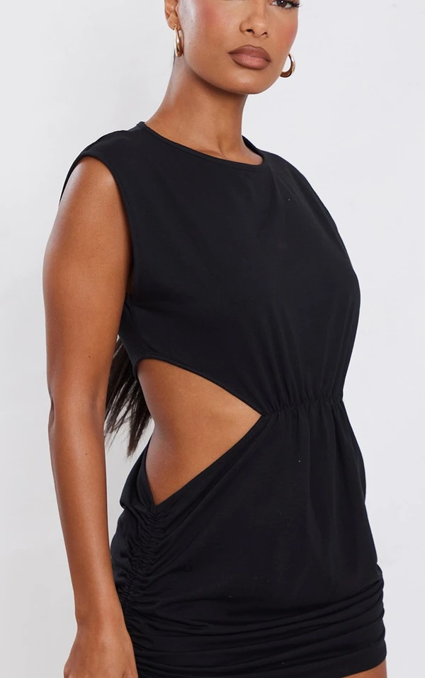 Robe T-shirt En Coton Noir Froncé à Découpes 4 Robe T-shirt En Coton Noir Froncé à Découpes – Image 4