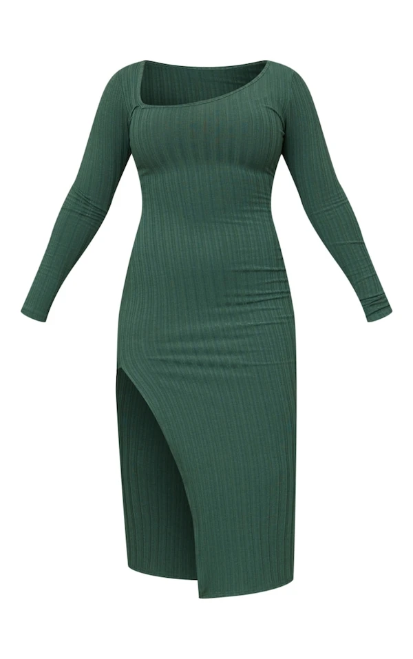 Robe Fendue Longue Bleu-vert Côtelée Large à Col Asymétrique 5 Robe Fendue Longue Bleu-vert Côtelée Large à Col Asymétrique – Image 5