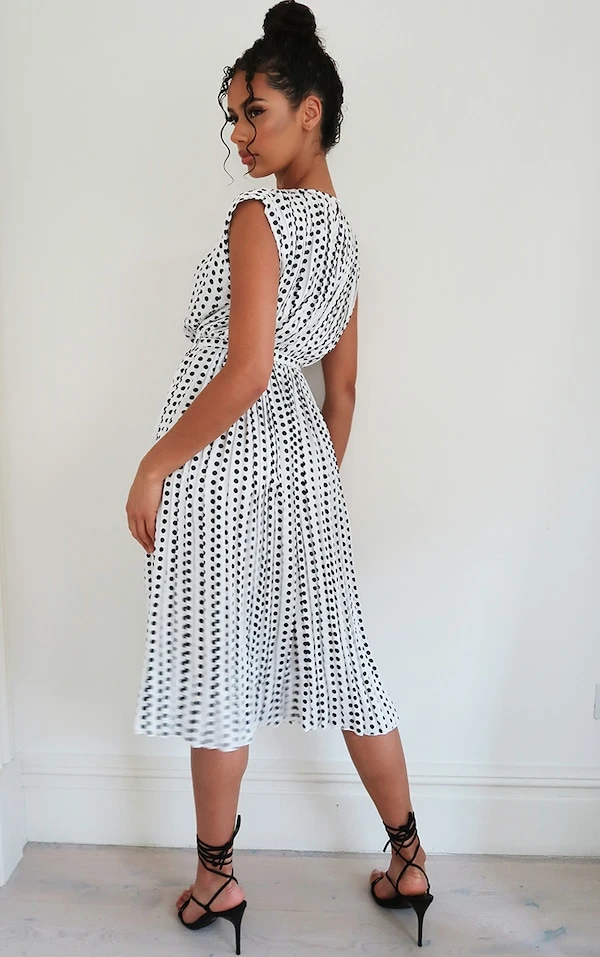 Robe Mi-longue Sans Manches Plissée Blanche Imprimé Pois 2 Robe Mi-longue Sans Manches Plissée Blanche Imprimé Pois – Image 2