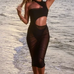 Robe De Plage Longue En Mesh Noir Découpé