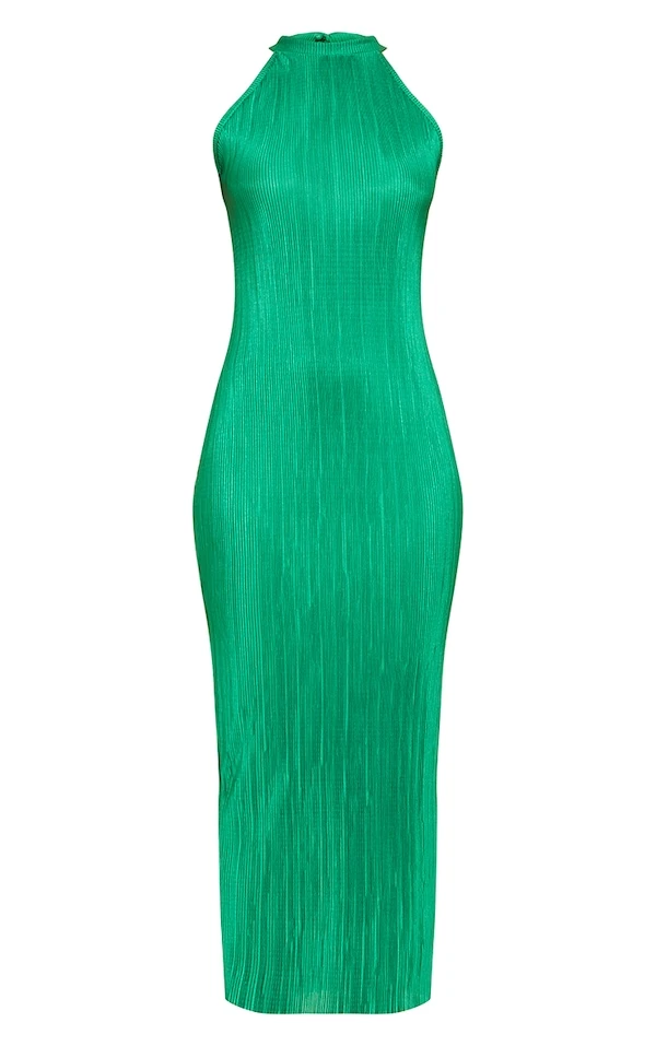 Robe Longue Verte Plissée à Col Montant 5 Robe Longue Verte Plissée à Col Montant – Image 5