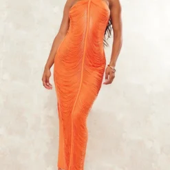 Robe-bustier Longue Drapée Orange Vif à Franges