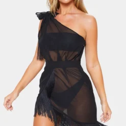 Robe De Plage Asymétrique à Franges Noire