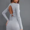 Robe Moulante En Jersey Gris Chiné à Dos Nu Noué Et Manches Longues