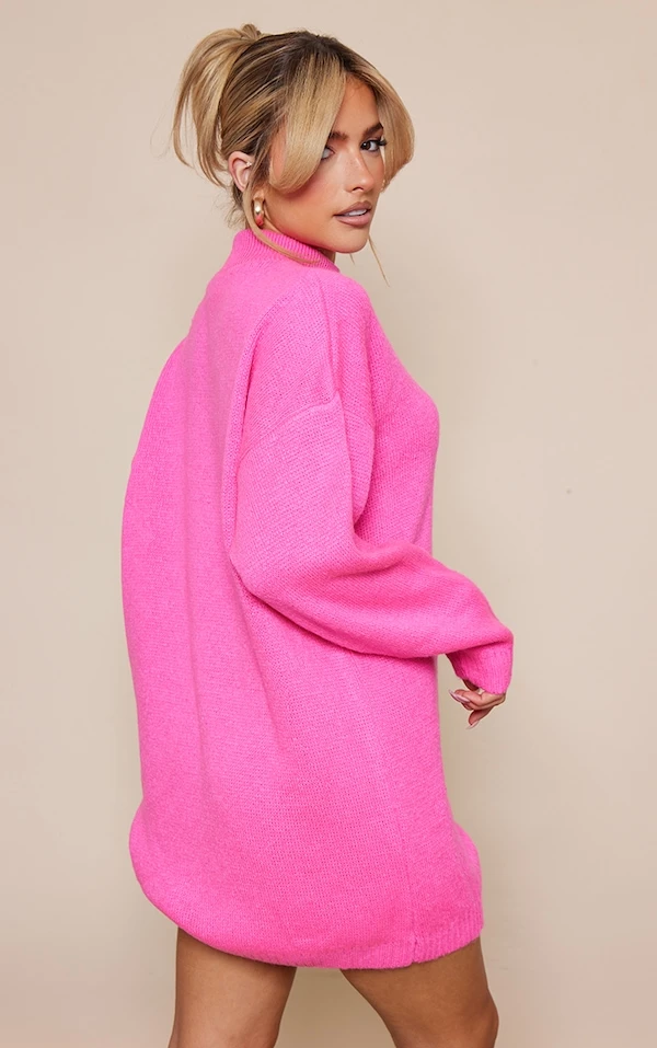 Robe Pull Rose Vif En Maille Tricot Effet Brossé 2 Robe Pull Rose Vif En Maille Tricot Effet Brossé – Image 2