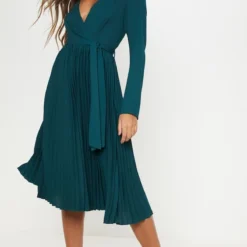 Robe Vert émeraude Mi-longue Plissée à Manches Longues