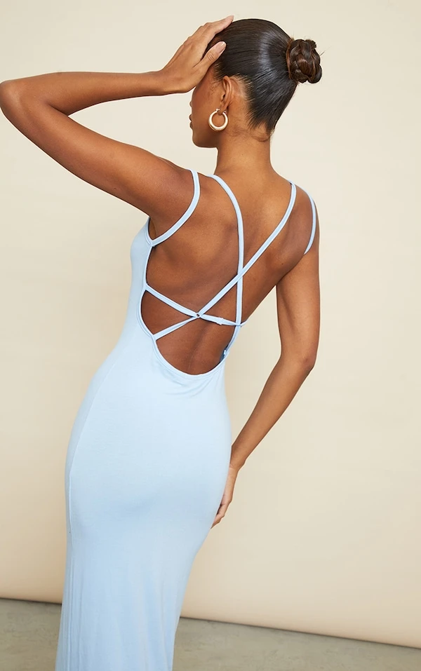 Robe Longue En Jersey Bleu Vif à Bretelles Dans Le Dos 4 Robe Longue En Jersey Bleu Vif à Bretelles Dans Le Dos – Image 4