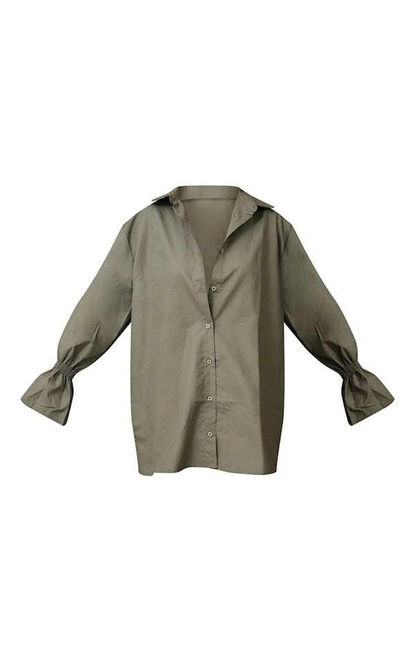 Robe Chemise Tissée Kaki Froncée à Manches évasées 5 Robe Chemise Tissée Kaki Froncée à Manches évasées – Image 5