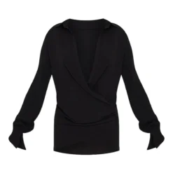 Robe Chemise Tissée Noire Texturée Très Décolletée à Manchettes évasées -Jupe Lumine Soldes Boutique baaf706ae1d51f6e607c3a0af698091c36874cce cmq2641 5