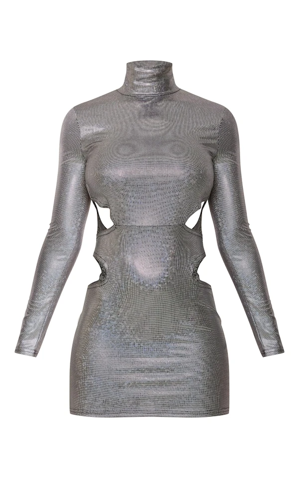 Robe Moulante Argentée Brillante à Manches Longues Et Côtés Découpés 5 Robe Moulante Argentée Brillante à Manches Longues Et Côtés Découpés – Image 5