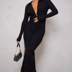 Robe Chemise Longue Côtelée Brossée Noire à Fronces Et Manches Longues