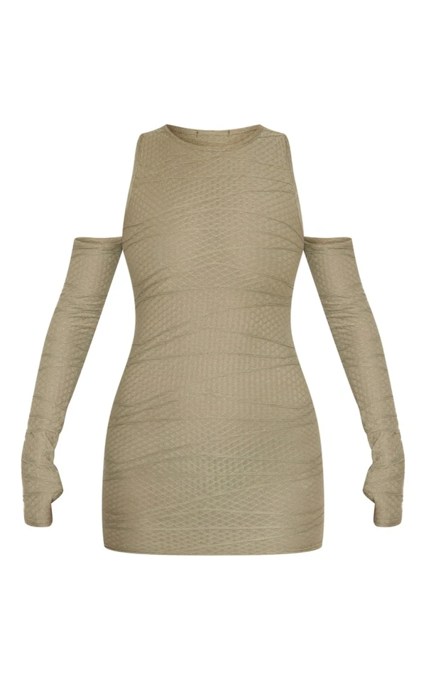 Robe Moulante Texturée Vert Sauge Kaki à épaules Dénudées Détail Manches 5 Robe Moulante Texturée Vert Sauge Kaki à épaules Dénudées Détail Manches – Image 5