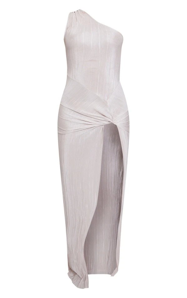 Robe Fendue Longue Plissée Gris Pierre à épaule Unique Et Noeud 5 Robe Fendue Longue Plissée Gris Pierre à épaule Unique Et Noeud – Image 5