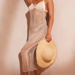 Robe Mi-longue De Plage Transparente En Maille Dorée à Paillettes