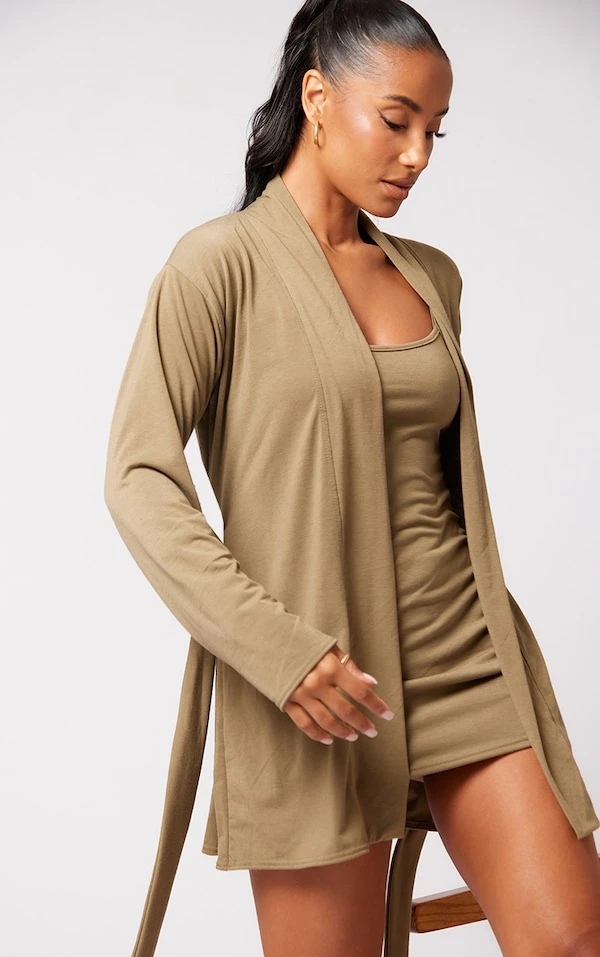 Robe De Chambre Courte En Jersey Brossé Kaki 4 Robe De Chambre Courte En Jersey Brossé Kaki – Image 4