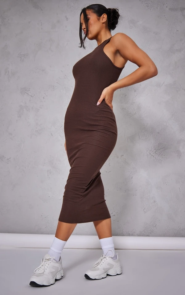 Robe Mi-longue Côtelée Chocolat à Liserés Et Dos Nageur 3 Robe Mi-longue Côtelée Chocolat à Liserés Et Dos Nageur – Image 3