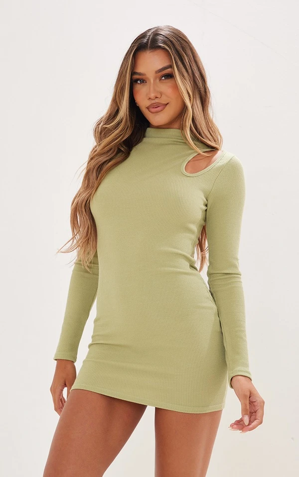 Logic Robe Moulante Côtelée Vert Sauge Découpée à Manches Longues 1 Logic Robe Moulante Côtelée Vert Sauge Découpée à Manches Longues