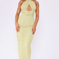 Robe Mi-longue En Jersey Texturé Vert Sauge à Bretelles Croisées Au Cou