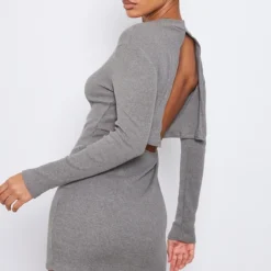 Robe Moulante Côtelée Grise à Dos Ouvert Et Col Montant -Jupe Lumine Soldes Boutique be17248a442b4c09a44f2c22960752007b0c4755 cnd1329 4