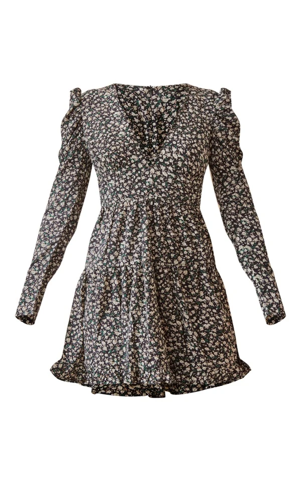 Robe Rétro Noire Fleurie à Manches Bouffantes Et Ourlet Volanté 5 Robe Rétro Noire Fleurie à Manches Bouffantes Et Ourlet Volanté – Image 5