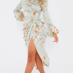 Robe Moulante Torsadée Vert Sauge Imprimé Floral à Buste Effet Drapé