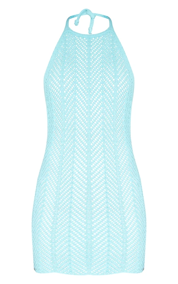 Mini-robe En Maille Crochet Turquoise Ouverte Dans Le Dos 5 Mini-robe En Maille Crochet Turquoise Ouverte Dans Le Dos – Image 5