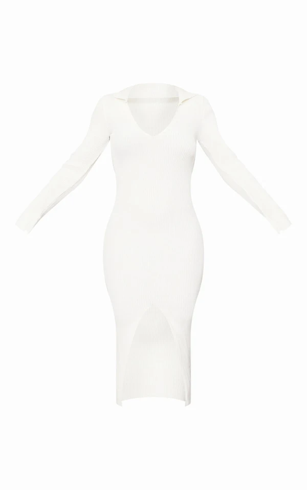 Robe Mi-longue En Maille Tricot Blanche Côtelée à Col 5 Robe Mi-longue En Maille Tricot Blanche Côtelée à Col – Image 5