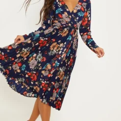 Robe Bleu Marine Florale Mi-longue Plissée à Manches Longues -Jupe Lumine Soldes Boutique bfc724ab4f262e26c28d4b78d68ff83f00e0785c cly9463 4