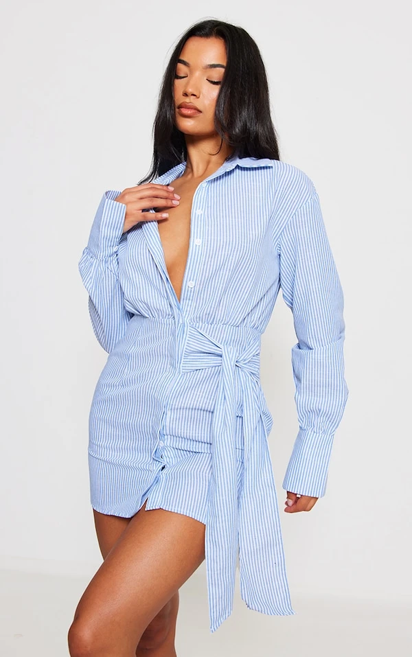 Robe Chemise Rayée Bleu Clair à Boutons Et Noeud 5 Robe Chemise Rayée Bleu Clair à Boutons Et Noeud – Image 5